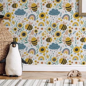 Sunflower & Bee Scandinavian Kids Room Wallpaper, Nursery Wall Mural • Peel and Stick *self adhesive* or Non-Pasted Vinyl Materials •