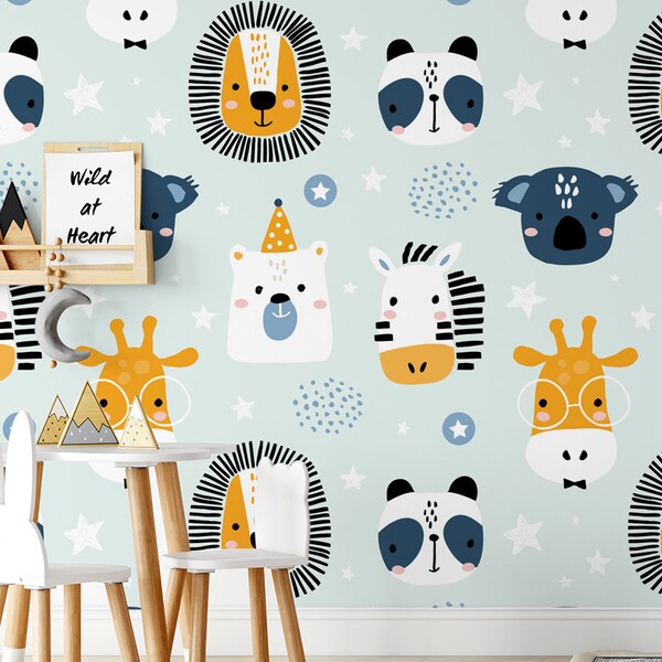 Papel pintado verde claro y fresco con animales de dibujos animados || Para niños, autoadhesivo, despegable y pegable.