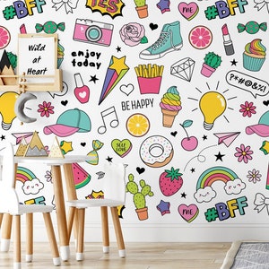 Carta da parati con scarabocchi colorati || Per bambini, carta da parati autoadesiva, stacca e incolla