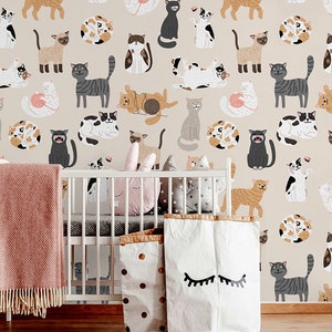 Beige wallpaper with cute cat pattern || For Kids, self adhesive, peel and stick wall mural