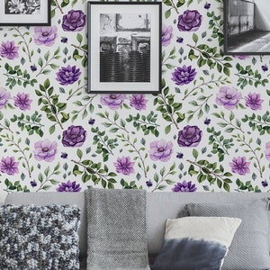 Watercolor wallpaper with purple floral pattern || peel and stick floral wall mural