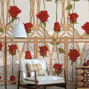 Art deco wallpaper in warm colors with red roses || self adhesive, peel and stick wall mural