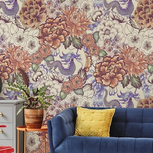 Oriental japanese floral wallpaper with blue dragons || peel and stick floral wall mural