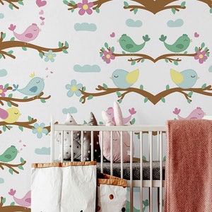 Papel pintado de dibujos animados con pájaros en ramas - Papel pintado para niños, autoadhesivo, mural de pared floral despegar y pegar