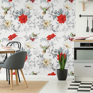 Wallpaper with white & red flowers and birds, self adhesive, peel and stick floral wall mural