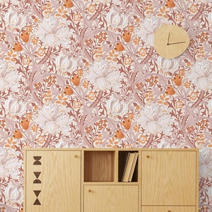 Pink & orange decorative floral wallpaper || peel and stick floral wall mural