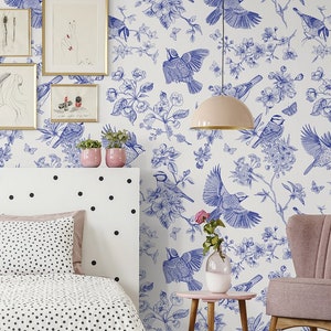Carta da parati blu vintage con motivo floreale a forma di uccello || stacca e incolla il murale floreale