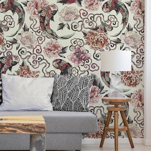 Japanese wallpaper with floral and koi fish pattern || peel and stick floral wall mural