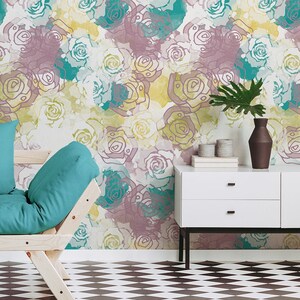 Abstract colorful rose pattern wallpaper || peel and stick floral wall mural