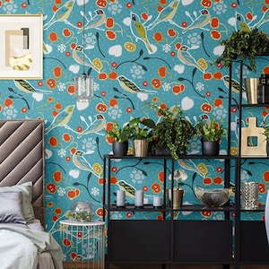 Blue wallpaper with birds and red & white fruits, self adhesive, peel and stick wall mural