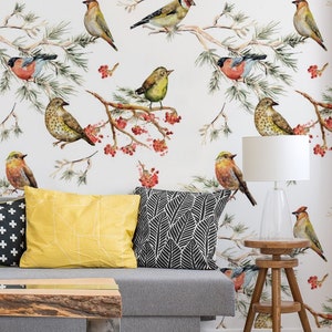 Wallpaper with beautiful birds and tree branches || self adhesive, peel and stick wall mural