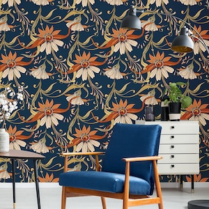 Blue Wallpaper With Elegant Orange Floral Pattern, Self Adhesive, Peel ...