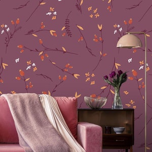 Dark pink wallpaper with small branches || self adhesive, peel and stick wall mural