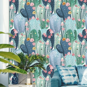 Papier peint à motif de cactus, couleurs bleu, vert et rose, auto-adhésif, peinture murale à peler et coller