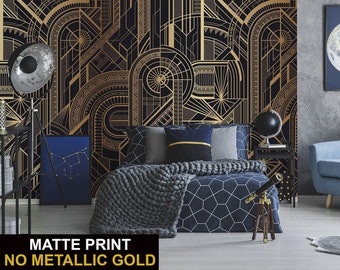 Dunkle und gelbe matte Tapete mit geometrischem Art-Deco-Muster (keine Glanzeffekte), selbstklebendes Wandgemälde zum Abziehen und Aufkleben