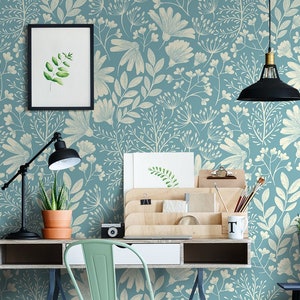 Blue wallpaper with white flowers and leaves, self adhesive, peel and stick floral wall mural