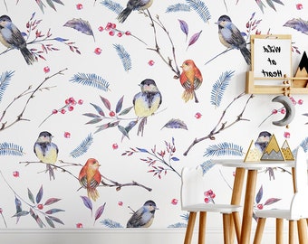 Watercolor wallpaper with blue and red bird pattern || For Kids, self adhesive, peel and stick wall mural