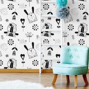 White & black wallpaper with animal and floral pattern || For Kids, self adhesive, peel and stick wall mural