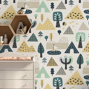 Abstract wallpaper with trees, For kids, self adhesive, peel and stick wall mural