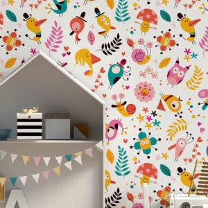 Colorful cartoon floral and animal pattern wallpaper || For Kids, self adhesive, peel and stick wall mural