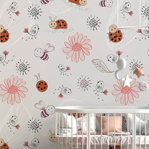 Carta da parati con uccelli, api, coccinelle e fiori || Per bambini, carta da parati autoadesiva, stacca e incolla