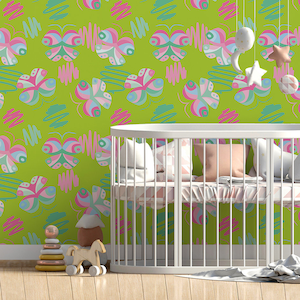 Green and pink abstract wallpaper with butterflies || For Kids, self adhesive, peel and stick wall mural