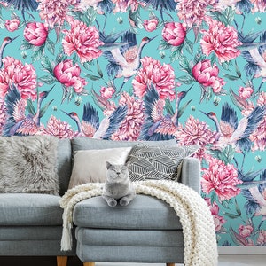 Blue wallpaper with pink watercolor peonies and birds, self adhesive, peel and stick floral wall mural