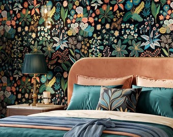 Black wallpaper with colorful boho floral pattern, dark botanical wall mural, peel and stick *self adhesive* or traditional vinyl paper
