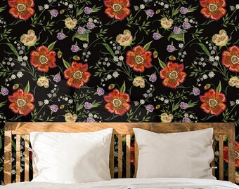 Dark wallpaper with field flower and poppy pattern, self adhesive, peel and stick floral wall mural