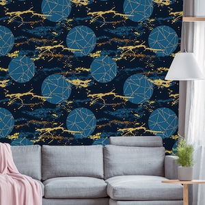 Blue and yellow circle pattern wallpaper, self adhesive, peel and stick wall mural