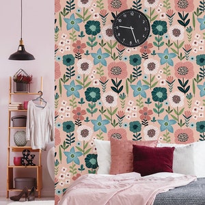 Pink and blue cartoon floral pattern wallpaper, self adhesive, peel and stick floral wall mural
