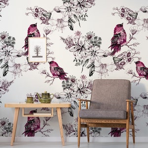 Summer herbs & birds, Botanical wallpaper, self adhesive, removable, temporary peel and stick, floral wall mural