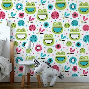 Colorful wallpaper with frog pattern || For Kids, self adhesive, peel and stick wall mural