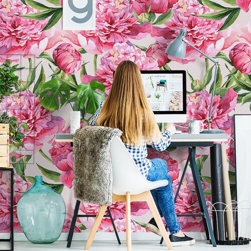 Pink Floral Wallpaper Big Flower Wallpaper Peel and Stick | Etsy