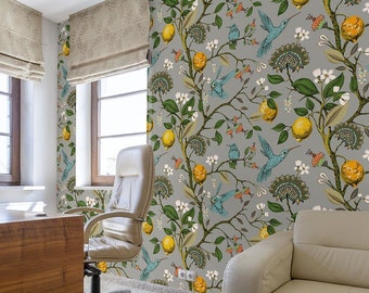 Wallpaper with blue birds and lemon fruits, self adhesive, peel and stick wall mural