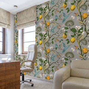 Wallpaper with blue birds and lemon fruits, self adhesive, peel and stick wall mural