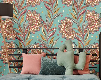 Papel tapiz botánico étnico, patrón floral étnico, arte de pared abstracto, autoadhesivo, removible, despegar y pegar temporalmente, mural de pared floral
