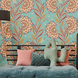 Ethnic botanical wallpaper, ethnic floral pattern, abstract wall art, self adhesive, removable, temporary peel and stick, floral wall mural