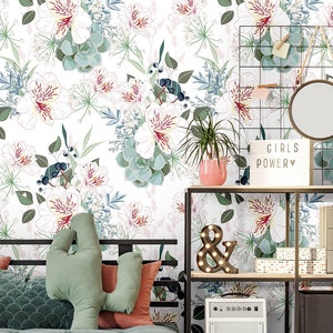 Papel pintado botánico, flores y hojas, autoadhesivo, extraíble, pelado y palo temporal, mural de pared floral