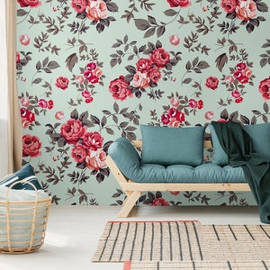 Papel pintado Rose Botanical, patrón floral vintage, autoadhesivo, extraíble, cáscara y palo temporal, mural de pared floral