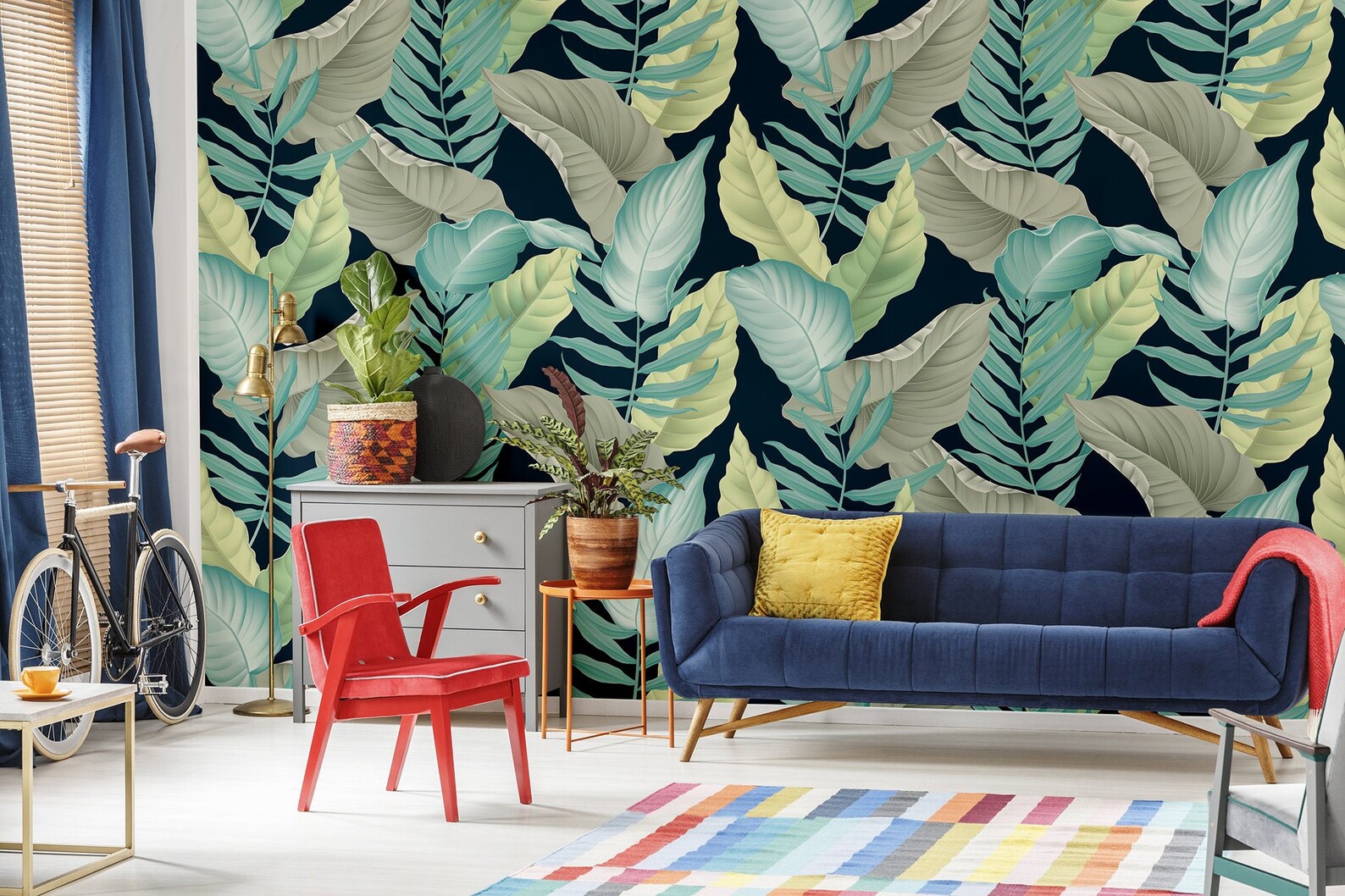Blue green and gray leaf pattern wallpaper self adhesive Etsy