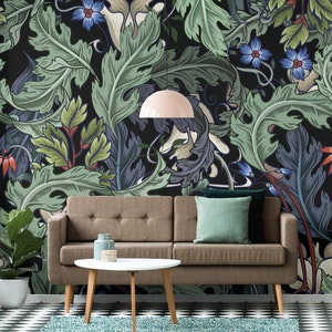 Dark art deco wallpaper with colorful leaf and floral pattern, self adhesive, peel and stick wall mural