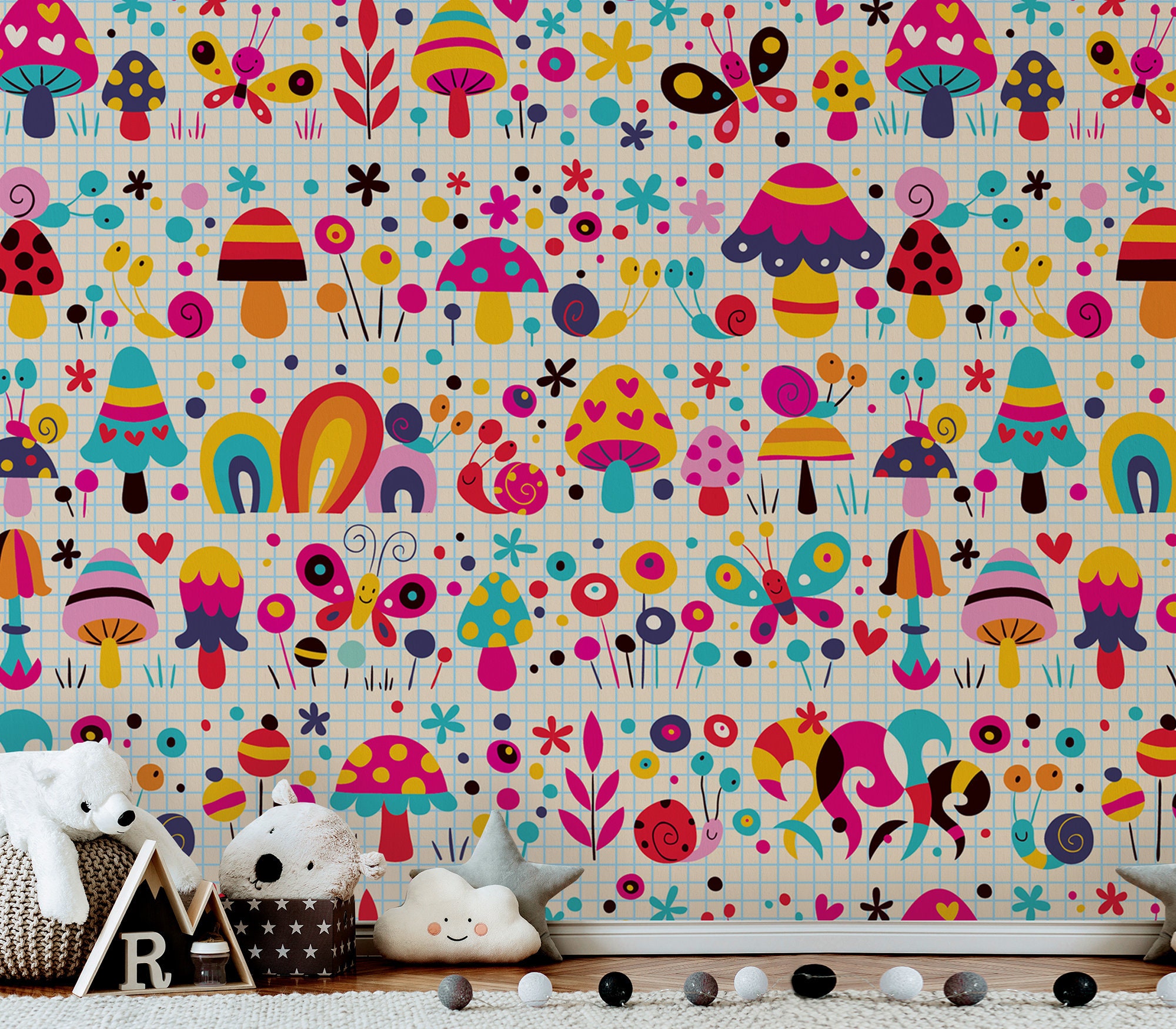 Sticker mural enfant Champignon, marguerites, escargot et papillon
