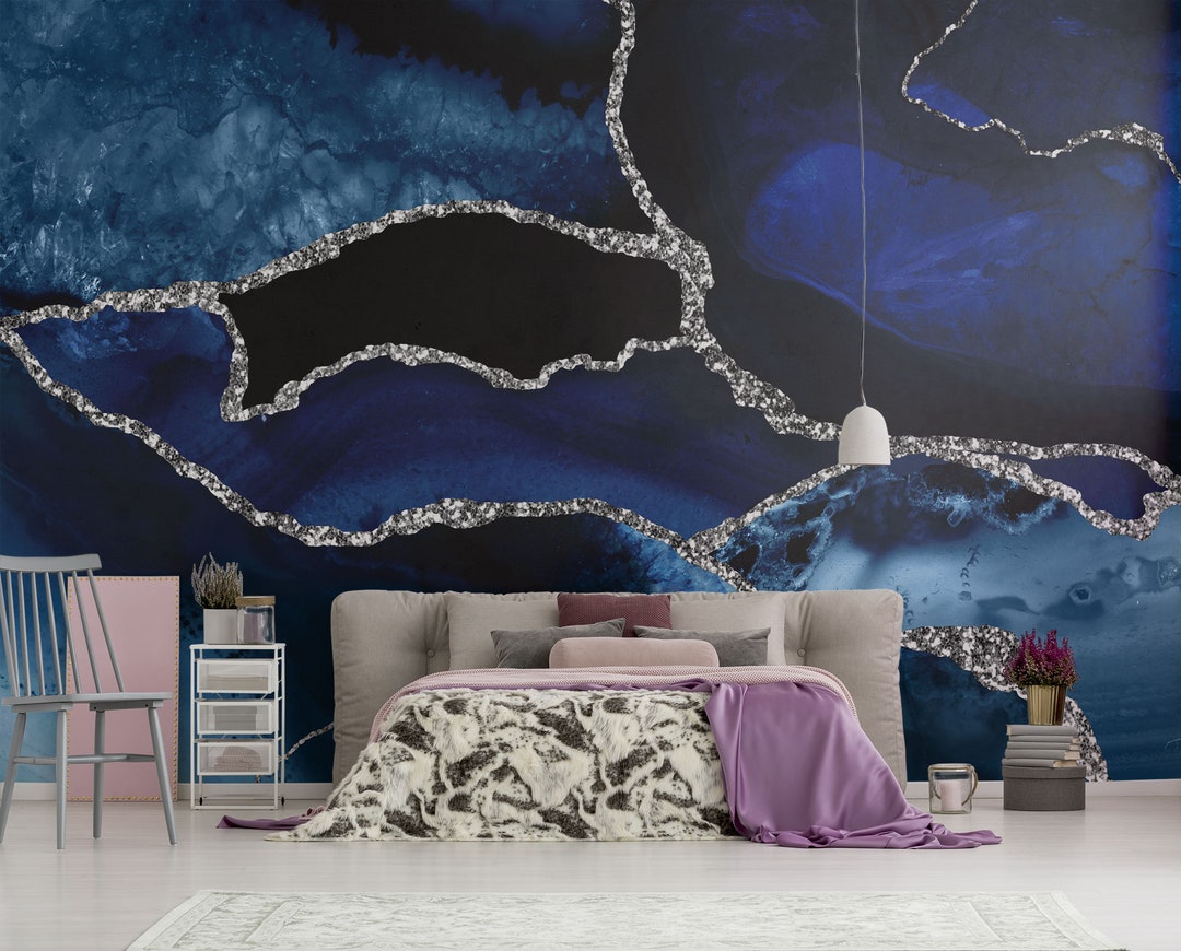 Navy Blue Marble Agate Stone Wallpaper (matte, No Metallic Effects ...