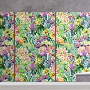 May include: A seamless pattern featuring watercolor illustrations of cacti, succulents, and flowers in shades of green, pink, yellow, and purple. The pattern is perfect for creating a vibrant and tropical feel in any space.