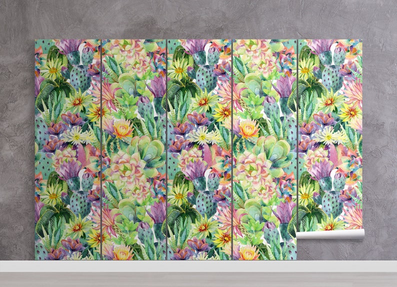 May include: A seamless pattern featuring watercolor illustrations of cacti, succulents, and flowers in shades of green, pink, yellow, and purple. The pattern is perfect for creating a vibrant and tropical feel in any space.