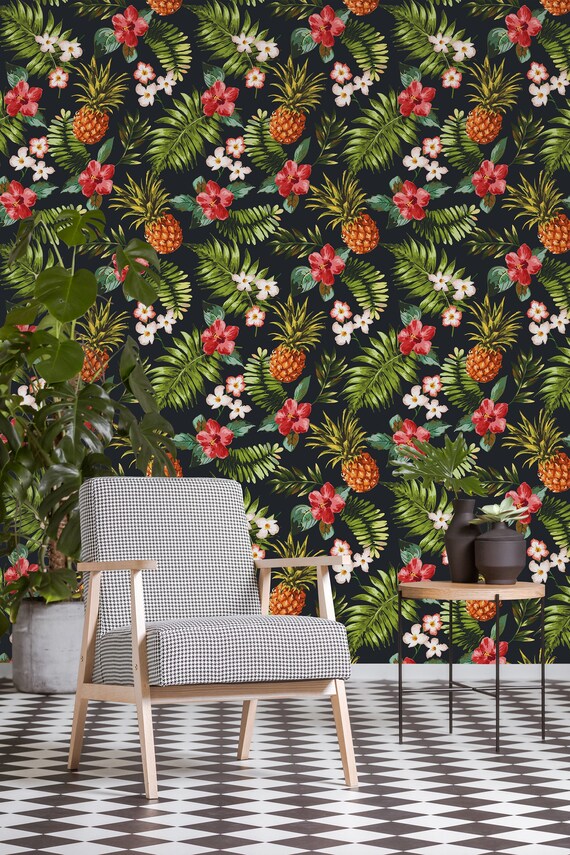 Dark wallpaper with pineapple and hibiscus pattern || peel and stick floral wall mural