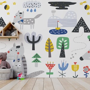 Doodle wallpaper with wolf, trees and mountains || For Kids, self adhesive, peel and stick wall mural