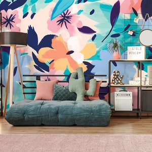 Boho Floral Abstract Wallpaper, Colorful Floral Painting Wall Mural • Peel and Stick *self adhesive* or Non-Pasted Vinyl Materials •