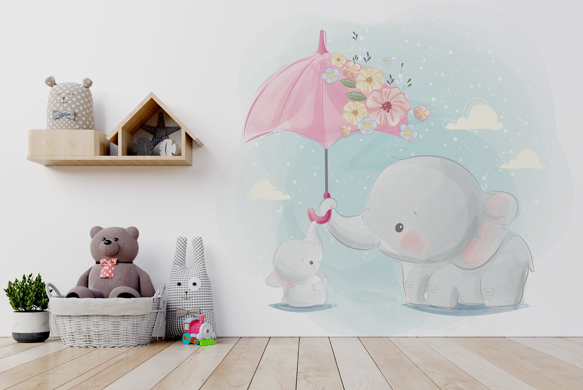 Wallpaper with cute elephants holding floral umbrella For - Etsy Polska